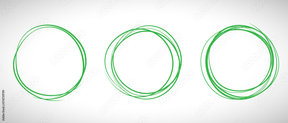 Green circle line hand drawn set. Highlight hand drawing circle isolated on background. Round handwritten circle. For marking text, note, mark icon, number, marker pen, pencil and text check, vector Green circle line hand drawn set. Highlight hand drawing circle isolated on background. Round handwritten circle. For marking text, note, mark icon, number, marker pen, pencil and text check, vector