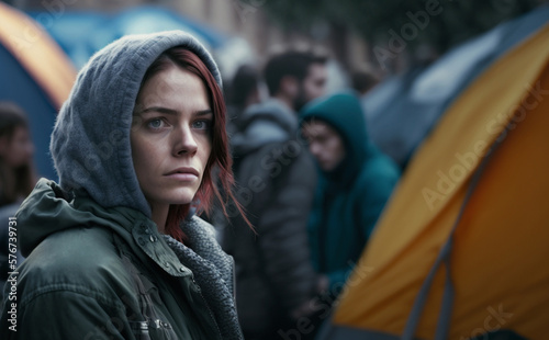 homeless and in poverty in a tent city, alone and discouraged and sad in a gloomy, desolate environment with many other people, crowds and problems. Generative AI