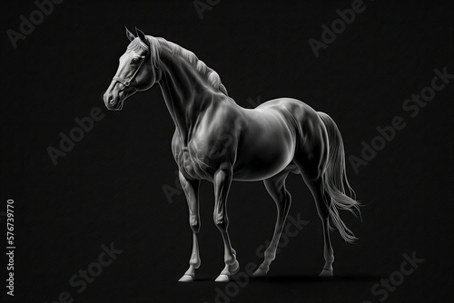 Stylish horse illustration isolated on black. In the night  a horse stands out against the pitch black background. Generative AI