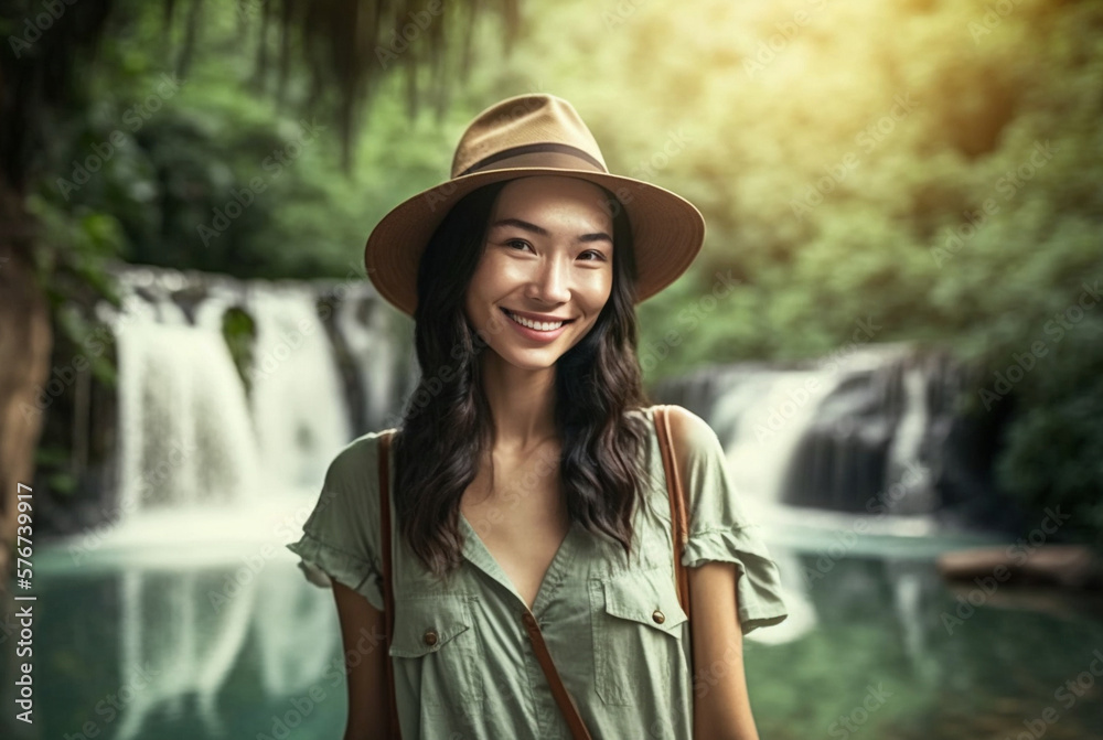 young asian woman with hat and green summer shirt at a tropical waterfall, fictional place. Generative AI