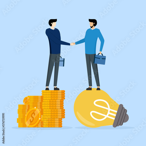 business sale or merger deal concept, Auction idea, fundraising and venture capital, shaking hands with VC on pile of money coins, entrepreneur businessman standing on idea light bulb.