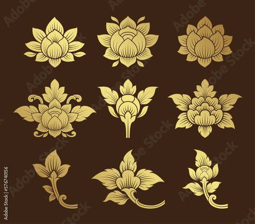 Set lotus art, asian buddhism temple element and background pattern decoration motifs for ceiling pattern, flyers, poster, web, banner, and card concept vector illustration