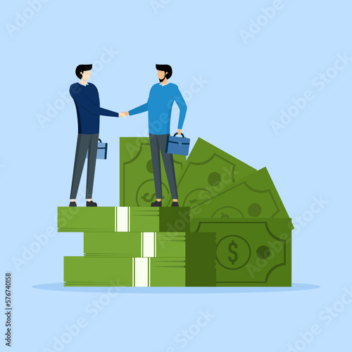 Salary negotiation concept, business people shaking hands over pile of banknotes after finalizing a deal, discussion about salary increase or wage and benefits agreement, business deal.