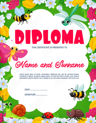 Kids diploma, cartoon insect characters on summer meadow certificate or award vector template. Kindergarten or preschool diploma certificate with butterfly, bee, ladybug and dragonfly, bug and snail photo