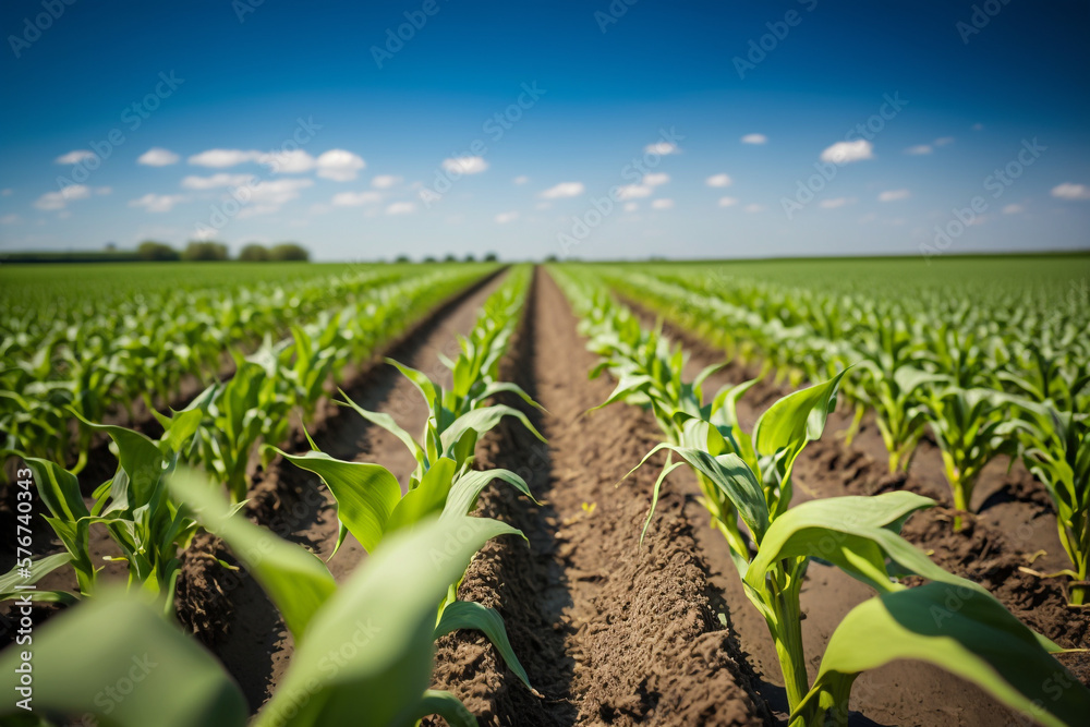 Naklejka premium field with green sprouts of young corn plants generative ai