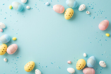 Easter decor concept. Top view photo of yellow pink blue easter eggs and sprinkles on isolated pastel blue background with blank space in the middle