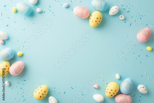 Easter decor concept. Top view photo of yellow pink blue easter eggs and sprinkles on isolated pastel blue background with blank space in the middle photo