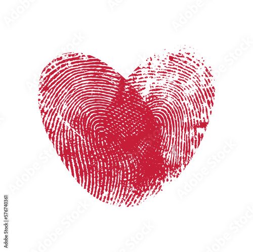 Fingerprint heart, red prints vector thumb fingers. Vector double thumbprint in shape of heart, wedding invitation or Valentines Day card sign, touch scan