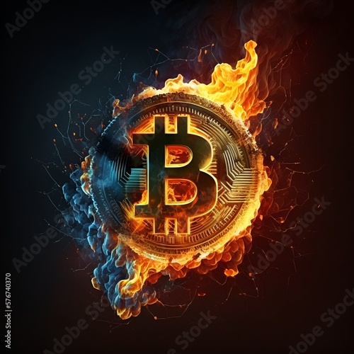 Bitcoin logo in fire - Generated by Generative AI