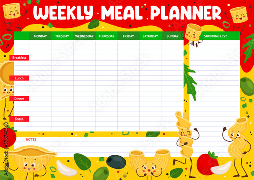 Weekly meal planner. Cartoon italian pasta characters and olives food plan or calendar. Vector diet menu schedule and grocery list template with funny personages of macaroni, fusilli and conchiglie