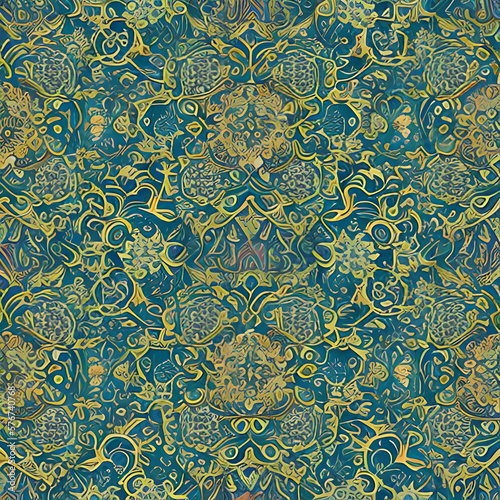 A wallpaper pattern with simple  graphically rhythmic texture and ornate graphic design in blue and yellow colours. Ai-generated illustration.