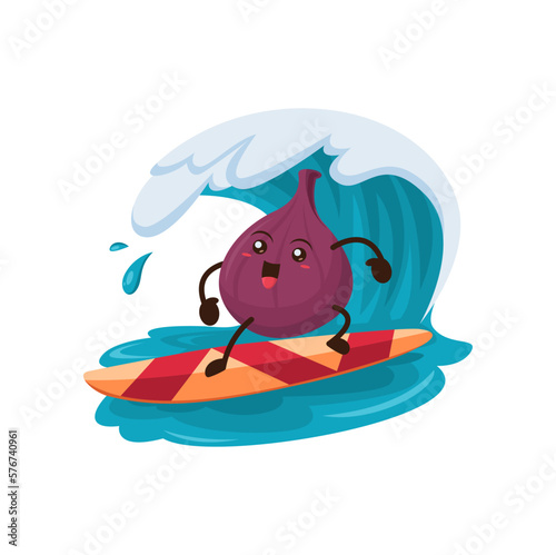 Cartoon fresh figs fruit catching wave on surfing during summer coastal vacation. Isolated vector nourishing ripe food personage outdoor activities and rest at beach location, surfboard extreme sport
