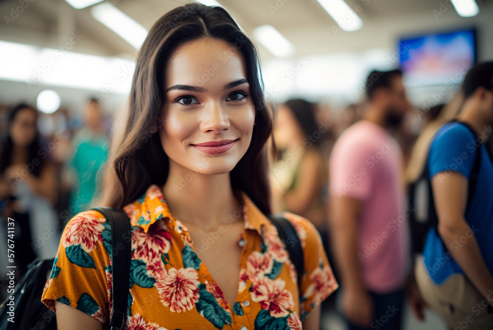 young woman, indoor in a large hall with bright lighting and more people. Generative AI young woman, indoor in a large hall with bright lighting and more people. Generative AI