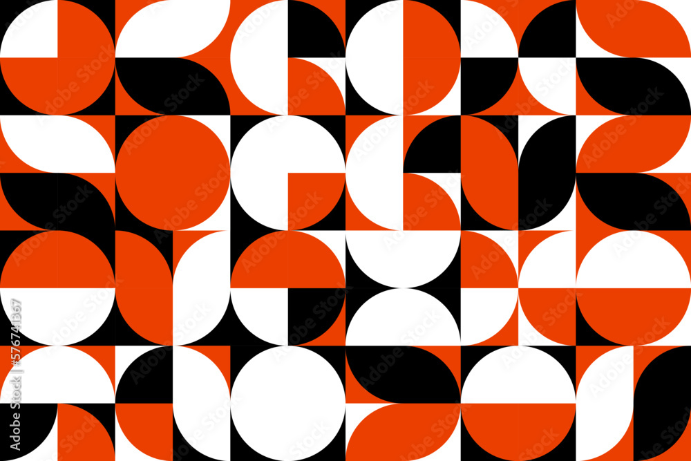 Modern geometric pattern Scandinavian circle grid. Abstract vector background with geometry minimalistic simple round shapes and figures in red, black and white palette colors. Fabric print, wallpaper
