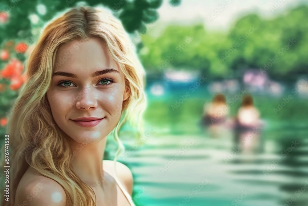 blond young woman or teenager by a lake in nature, dreamily picturesque