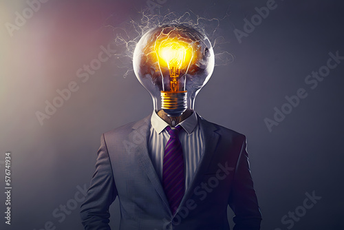 Head full of ideas sparkling lightning bolts. Hot lamp instead of a head in a business suit, the concept of smart resourceful people. Generative AI technology. photo
