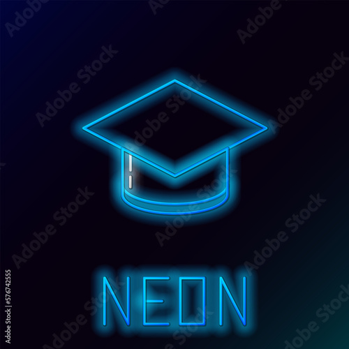 Glowing neon line Graduation cap icon isolated on black background. Graduation hat with tassel icon. Colorful outline concept. Vector