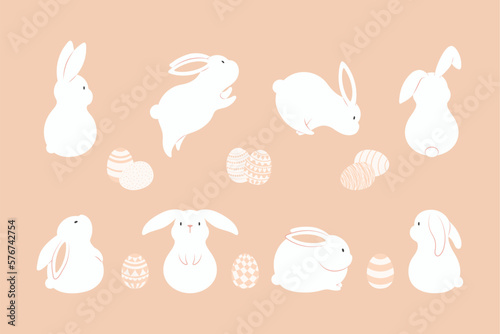 Easter bunnies, cute rabbits, painted eggs, isolated holiday elements clipart collection. Vector illustration. Flat style design. Cartoon characters set for card, banner, poster, decor, seasonal promo