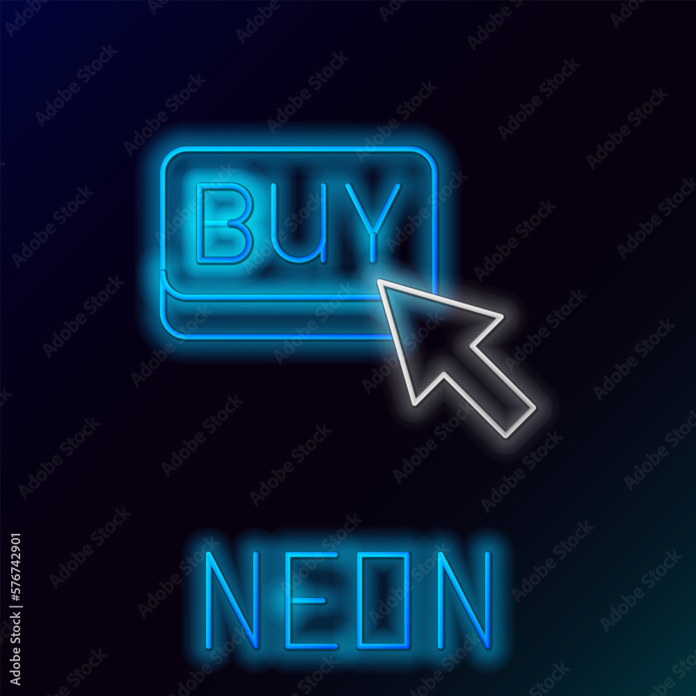 Glowing neon line Buy button icon isolated on black background. Financial and stock investment market concept. Colorful outline concept. Vector Glowing neon line Buy button icon isolated on black background. Financial and stock investment market concept. Colorful outline concept. Vector