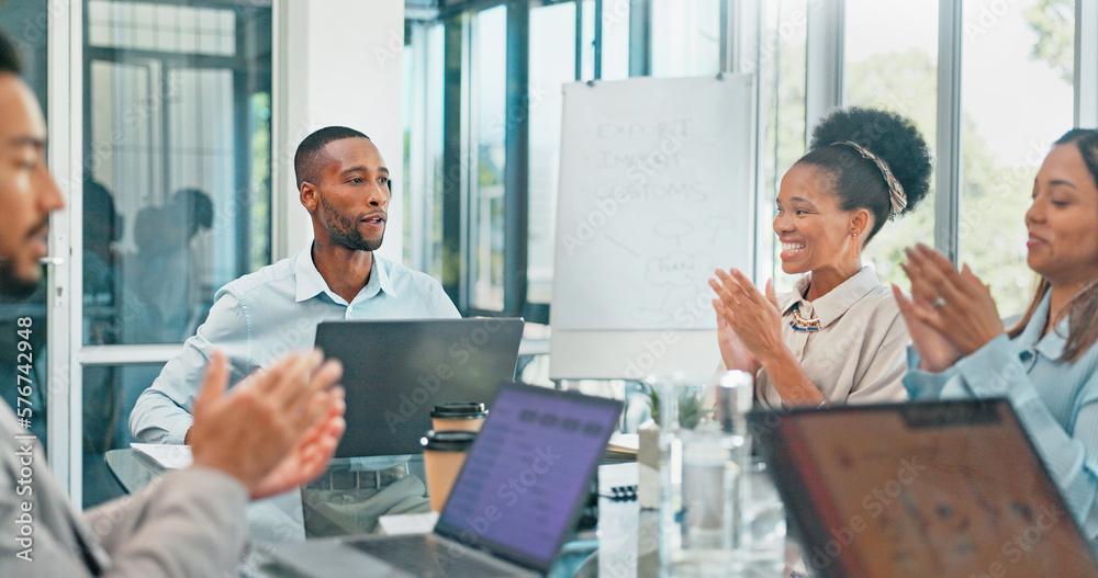 Meeting, applause and business people throwing paper in air, celebration of project success