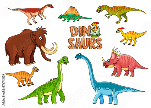 Cartoon dinosaur characters. Extinct animal, Jurassic era dinosaur cute vector personages or mascots of Archaeornithomimus, Dimetrodon, Velociraptor and Tarbosaurus, Mammoth, Styracosaurus and Mammoth