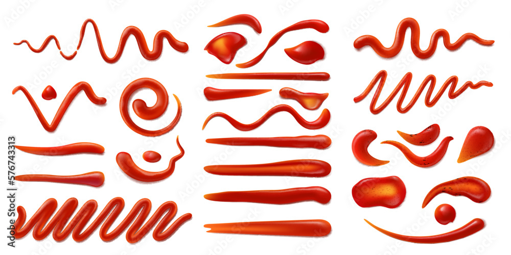 Ketchup sauce stains and splashes. Barbeque cooking, hot chili pepper or BBQ tomato ketchup sauce or spicy gravy paste realistic vector smear, isolated smudge, red condiment texture strokes set - obrazy, fototapety, plakaty 