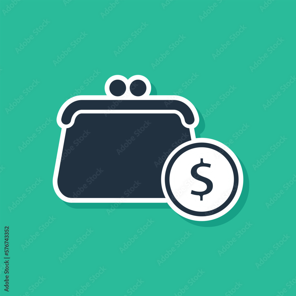 Blue Wallet with coins icon isolated on green background. Purse icon. Cash savings symbol. Vector Blue Wallet with coins icon isolated on green background. Purse icon. Cash savings symbol. Vector