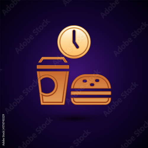 Gold Fast food time icon isolated on black background.  Vector