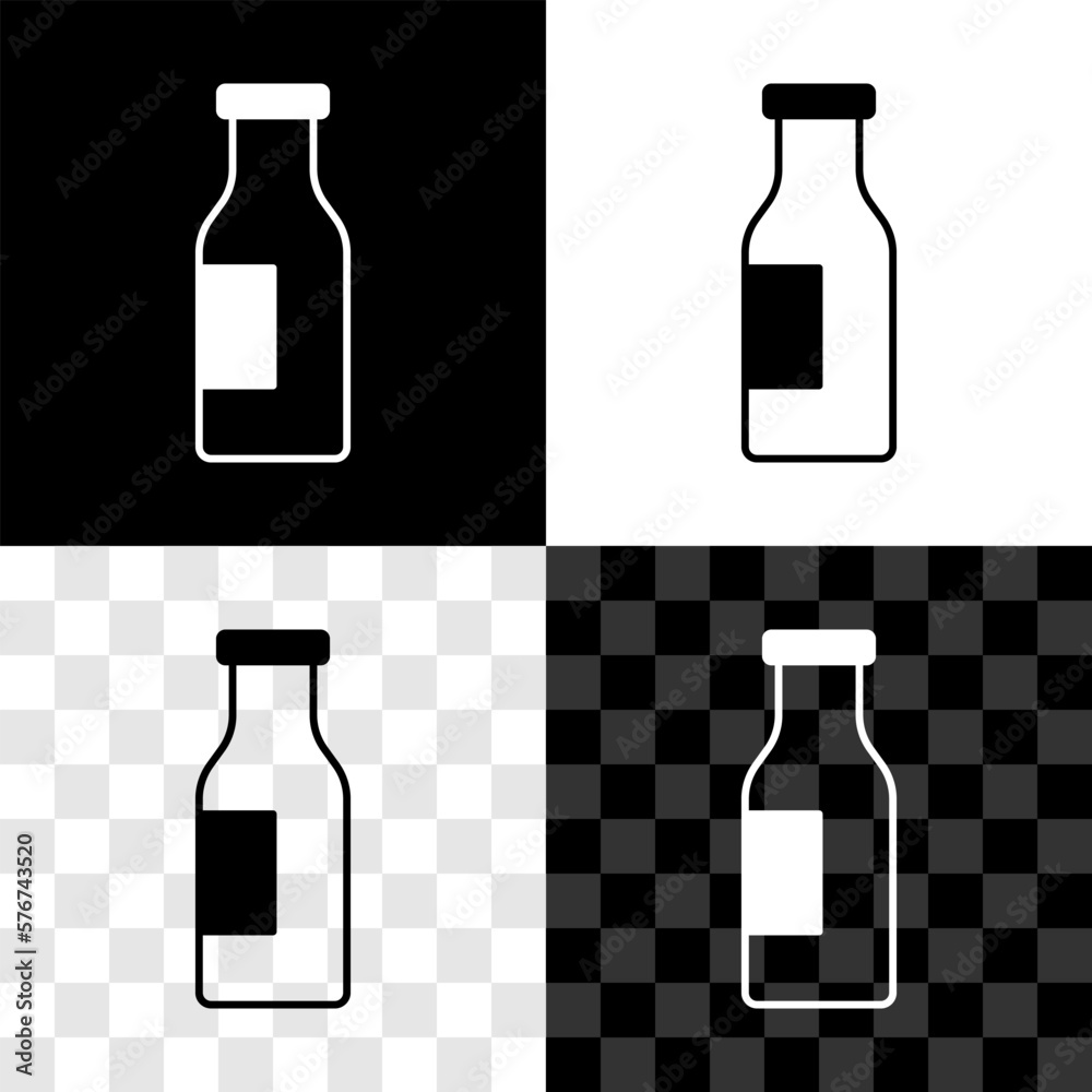 Set Closed glass bottle with milk icon isolated on black and white, transparent background. Vector Set Closed glass bottle with milk icon isolated on black and white, transparent background. Vector