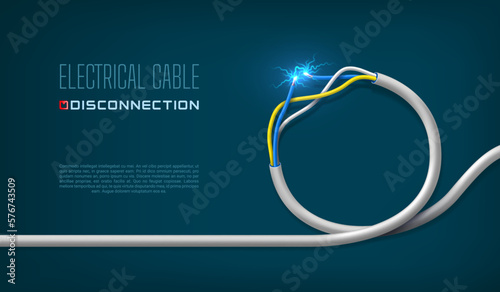 Electric cable rupture. Power supply and electricity generation industry 3d vector background. Short circuit, power line damage or overload concept or banner with broken electric cable wire, sparkles