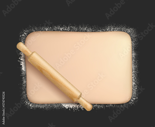 Realistic bakery dough with wheat flour and rolling pin. Bakery or pastry shop 3d vector background, restaurant patisserie, bread bake and pastry dessert cooking backdrop with rectangular dough