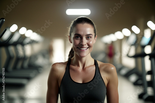 young woman in sporty thin shirt, slim beautiful smile in a gym or yoga room, interior with room lights. Generative AI
