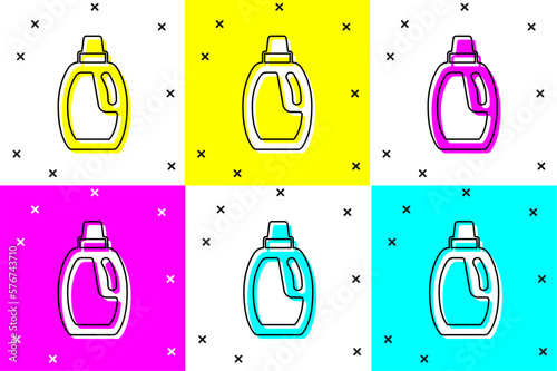 Set Plastic bottle for laundry detergent, bleach, dishwashing liquid or another cleaning agent icon isolated on color background.  Vector