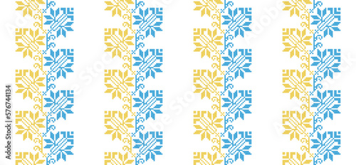 Ukrainian vector seamless fashion pattern, ornament, border. Traditional folk, ethnic pattern. Decoration in yellow and blue. Ukrainian fashion pattern. Pixel art, vyshyvanka, cross stitch