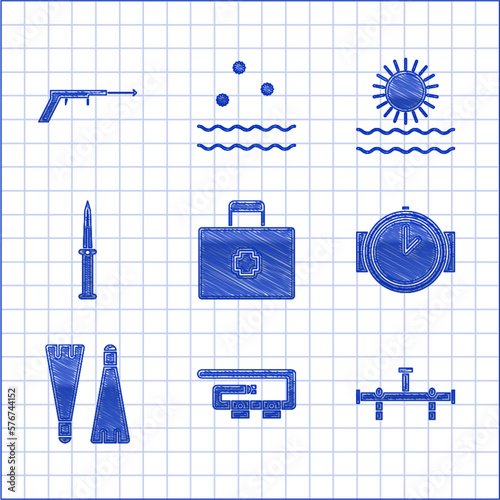 Set First aid kit, Diving belt, Manifold, watch, Rubber flippers for swimming, Army knife, Sun and waves and Fishing harpoon icon. Vector