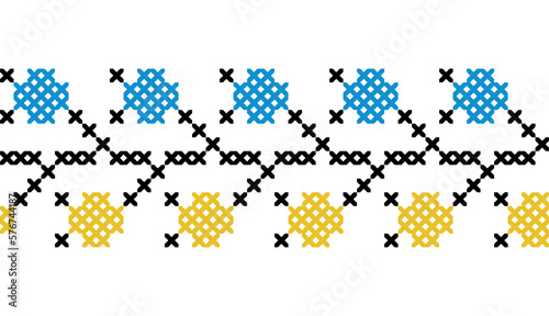 Ukrainian vector seamless border,pattern, ornament. Traditional folk, ethnic border. Ukrainian decor in yellow and blue. Pixel art, vyshyvanka, cross stitch