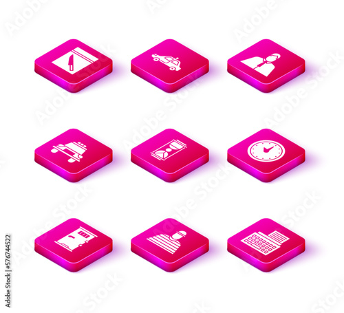 Set Prison cell door, Prisoner, Police car and flasher, Old hourglass with sand, Retro typewriter, Clock, Lawyer, attorney, jurist and  icon. Vector