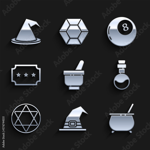 Set Magic mortar and pestle, Witch hat, cauldron, Bottle with love potion, Star of David, Ticket, ball predictions and  icon. Vector