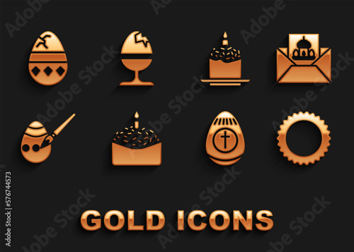 Set Easter cake and candle, Greeting card with Happy, Sun, egg, paint brush, Cracked and Chicken on stand icon. Vector