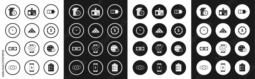 Set Battery charge level indicator, Gold bars, Clock, Coin money with dollar symbol, Identification badge, Earth globe and Stacks paper cash icon. Vector Set Battery charge level indicator, Gold bars, Clock, Coin money with dollar symbol, Identification badge, Earth globe and Stacks paper cash icon. Vector