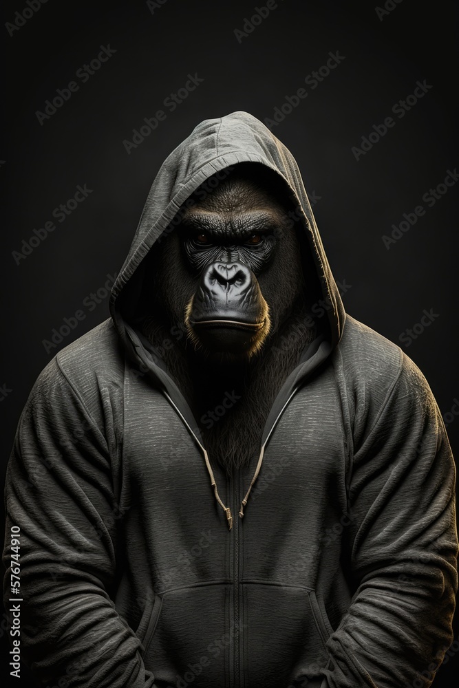 Gorilla in a hoodie on dark background. Generative AI Gorilla in a hoodie on dark background. Generative AI