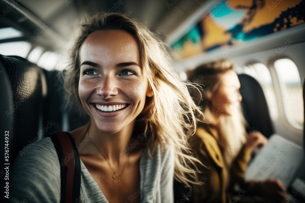 on plane, woman flying in a passenger plane and sitting in her seat, big smile as anticipation and positive excitement. Generative AI on plane, woman flying in a passenger plane and sitting in her seat, big smile as anticipation and positive excitement. Generative AI