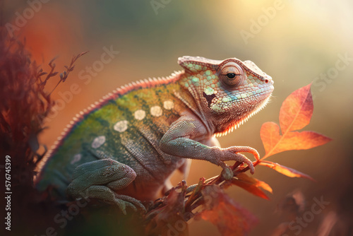 Chameleon lizard sits on a branch against a blurred natural background. Photorealistic drawing generated by AI.