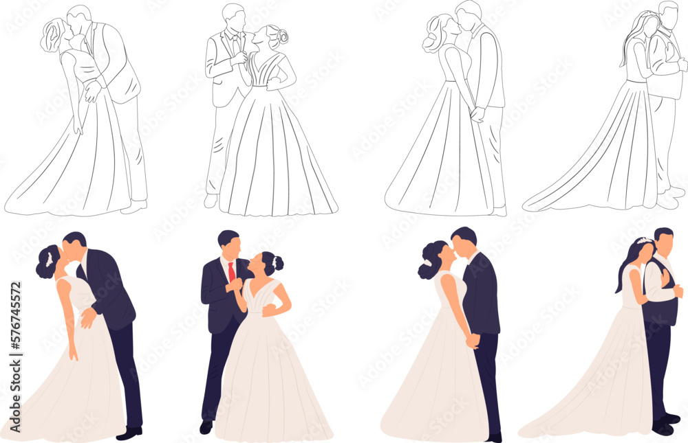 set of bride and groom on white background isolated, vector set of bride and groom on white background isolated, vector