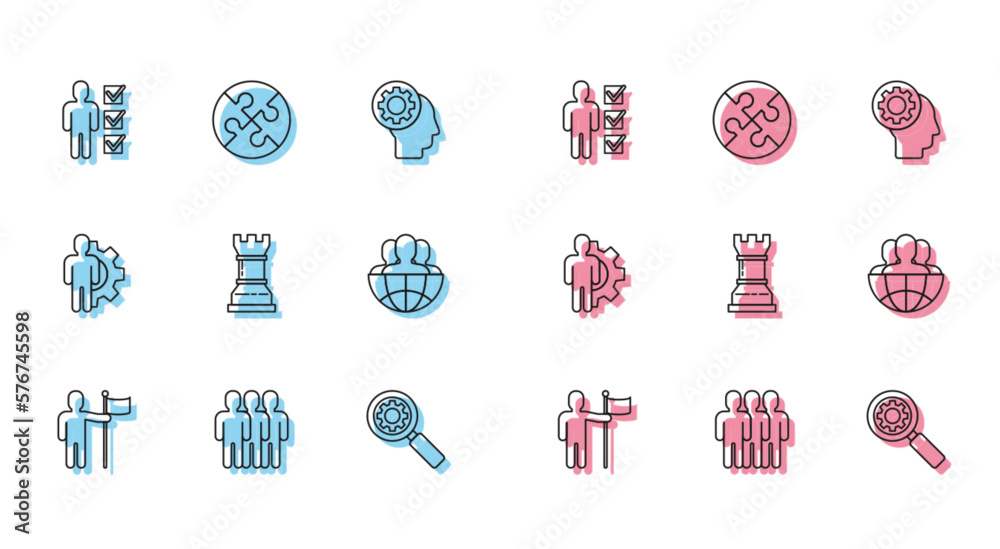 Set line Man holding flag, Users group, of man business suit, Magnifying glass and gear, Business strategy, Globe people, Human with inside and Piece puzzle icon. Vector