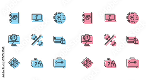 Set line Target with dollar symbol, Closed wallet lock, Address book, Briefcase, Percent up arrow, Credit card, Computer monitor pound sterling and Laptop icon. Vector