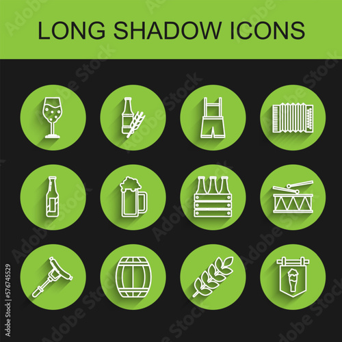 Set line Sausage on the fork, Glass of beer, Cereals set with rice, wheat, corn, oats, rye, barley, Street signboard glass, Musical instrument drum and drum sticks and Pack bottles icon. Vector