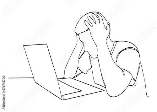 One line drawing of a man working with a laptop at the table. Tired person man work on laptop. Trendy one line draw design graphic vector illustration.