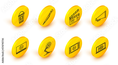 Set line Laptop screen with HD video technology, Play Video, Table lamp, Online play, Megaphone, Movie clapper, Knife and Popcorn cardboard box icon. Vector