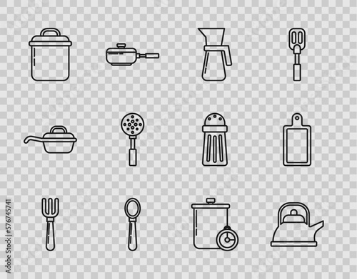 Set line Fork, Kettle with handle, Measuring cup, Spoon, Cooking pot, Spatula, kitchen timer and Cutting board icon. Vector